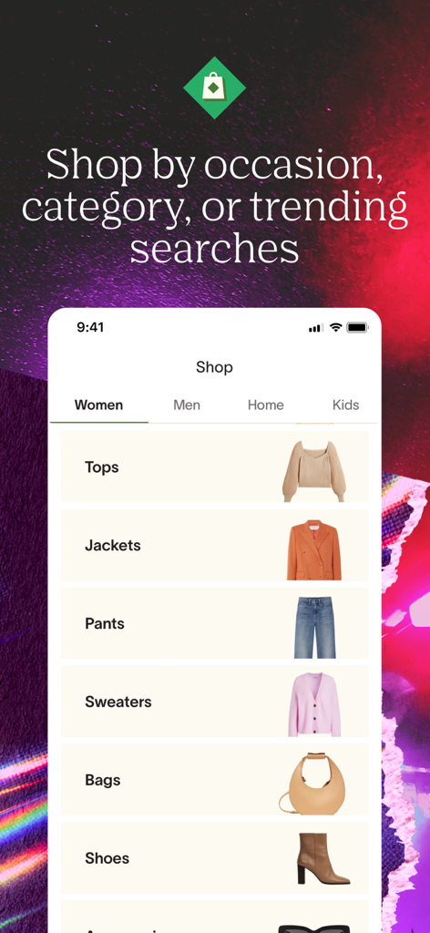 ShopStyle app screen showing women's fashion categories like tops, jackets, and accessories.