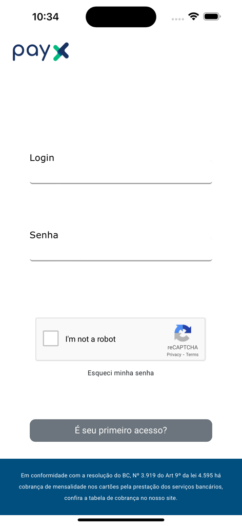 Écran de connexion de l'application mobile PayX, avec des champs pour l'identifiant et le mot de passe en portugais et une vérification de sécurité reCAPTCHA.