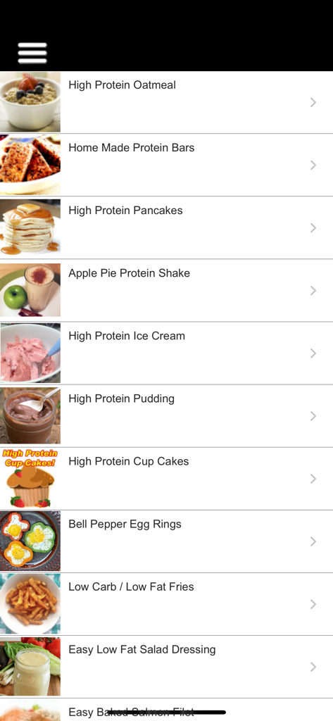 Un menú de recetas altas en proteínas en la aplicación Total Fitness Bodybuilding que incluye panqueques, batidos y bocadillos saludables.