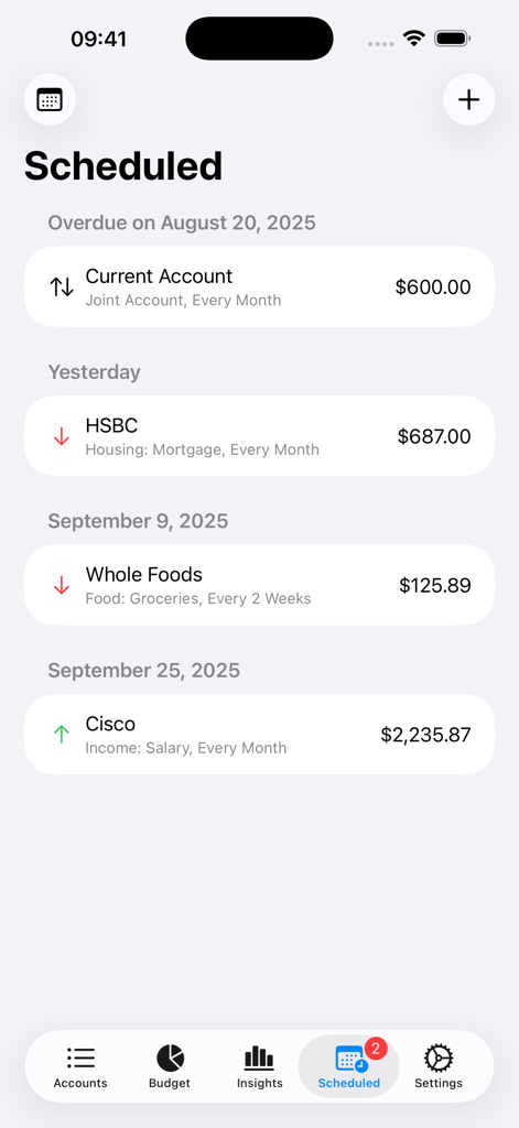 A list of upcoming and overdue scheduled transactions in the Indigo Money financial tracking app showing mortgage and salary payments