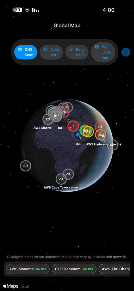 A 3D world map interface in the MY Ping app displaying server locations and real-time latency in milliseconds.
