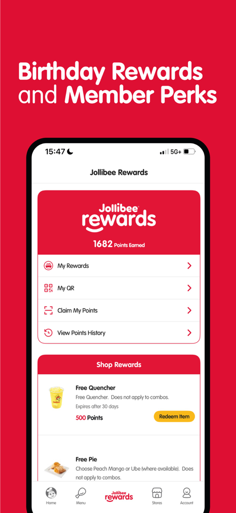 Jollibee - Order & Rewards - Pantalla de la app móvil Jollibee Rewards mostrando el saldo de puntos de fidelidad y los artículos disponibles para canjear.