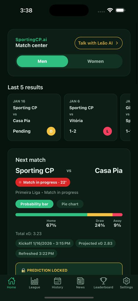 SportingCP.ai - Central de jogos do aplicativo móvel SportingCP.ai mostrando probabilidades de vitória de jogos ao vivo e análises de gols esperados