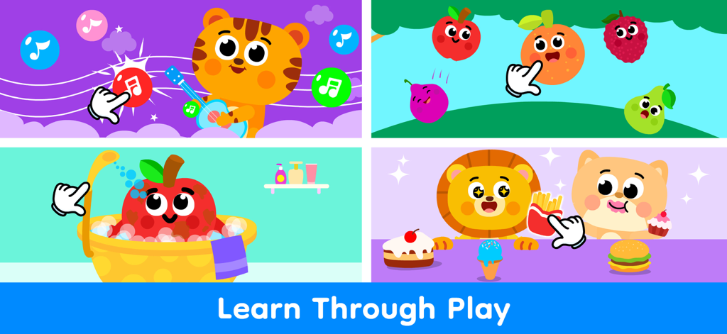 Infant Games for 1 Year Olds - A collection of four educational mini games for infants featuring musical animals fruits and feeding activities