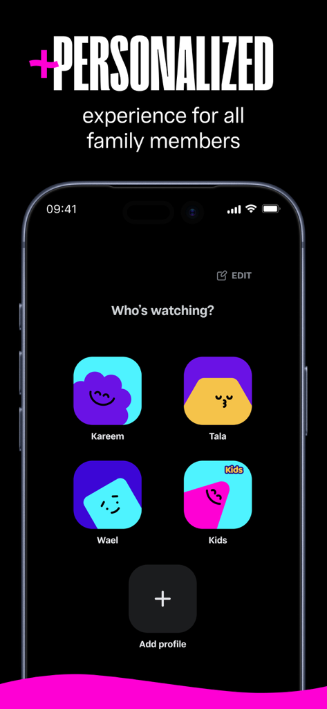 OSN plus app user profile selection screen showing personalized family and kids accounts