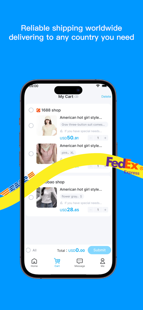 Hipobuy mobile app shopping cart showing items from 1688 and Taobao with international shipping icons like FedEx
