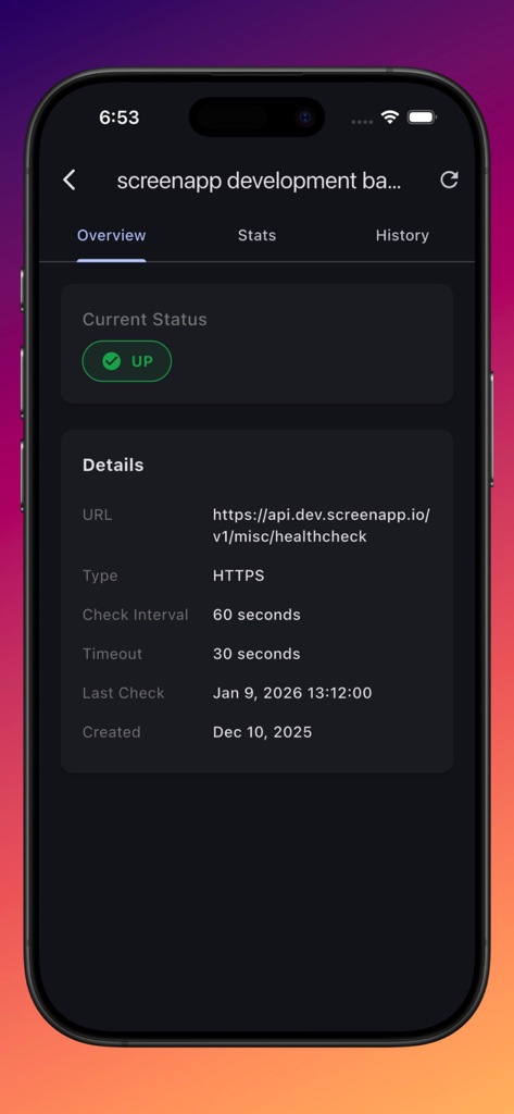 Uptime Monitor: Instant Alerts - Uptime monitor dashboard showing a service status as UP with technical details like URL check interval and last check time