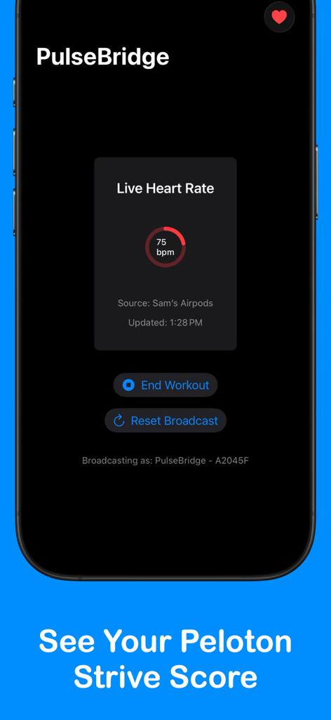 PulseBridge - PulseBridge app screen showing live heart rate data from AirPods being broadcast for a Peloton Strive Score