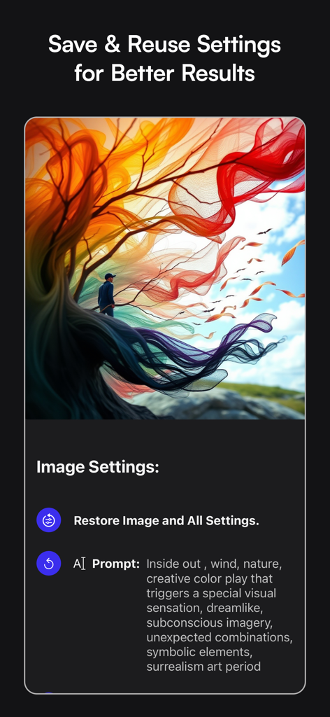 Sogni - AI Art Generator - Interface of the Sogni app showing the save and reuse settings feature for AI prompts and artwork