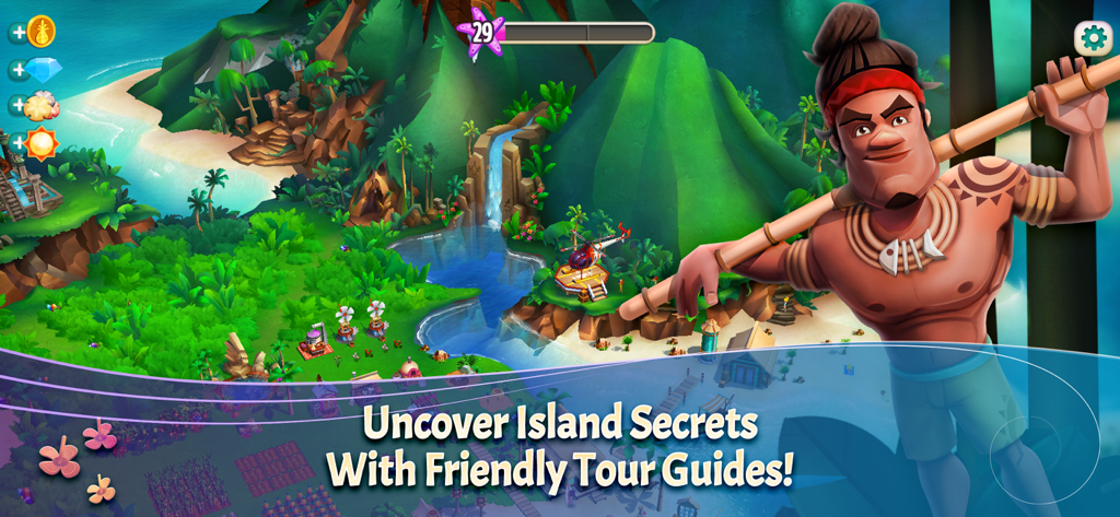 FarmVille 2: Tropic Escape - A friendly island tour guide standing in front of a tropical landscape in FarmVille 2 Tropic Escape