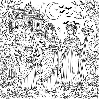 Embark on an extraordinary coloring journey where ancient Roman priestesses meet the spooky delights of Halloween! This unique page features Vestal Virgins amidst haunted houses, bats, and pumpkins, ready for your creative touch.