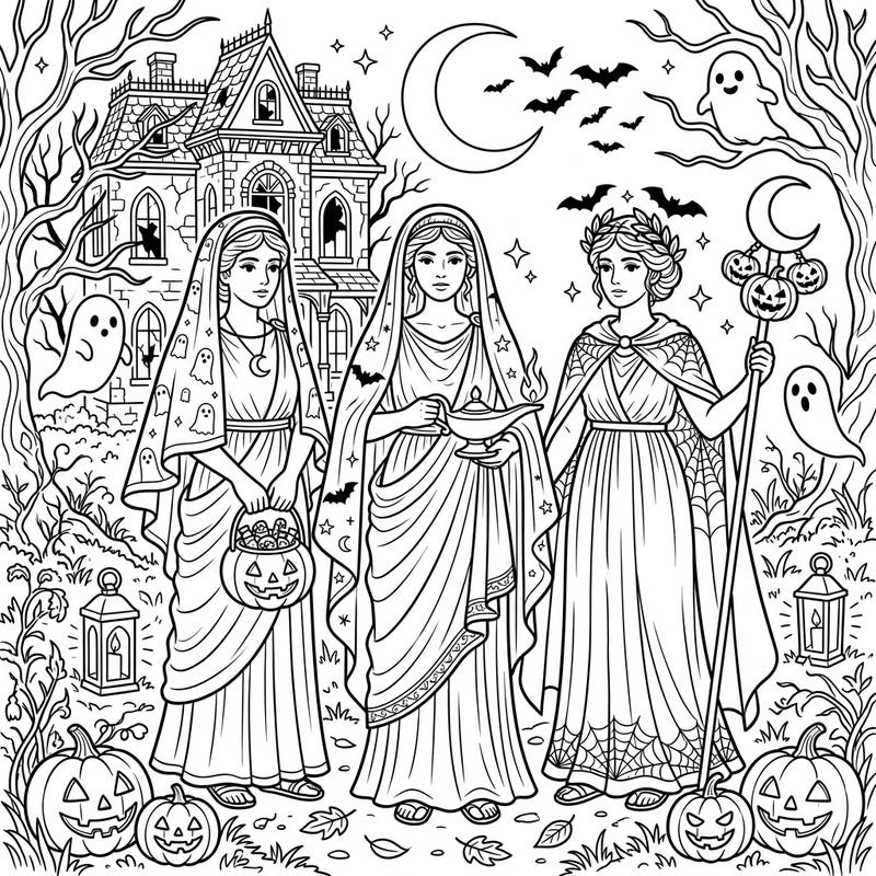 Embark on an extraordinary coloring journey where ancient Roman priestesses meet the spooky delights of Halloween! This unique page features Vestal Virgins amidst haunted houses, bats, and pumpkins, ready for your creative touch.