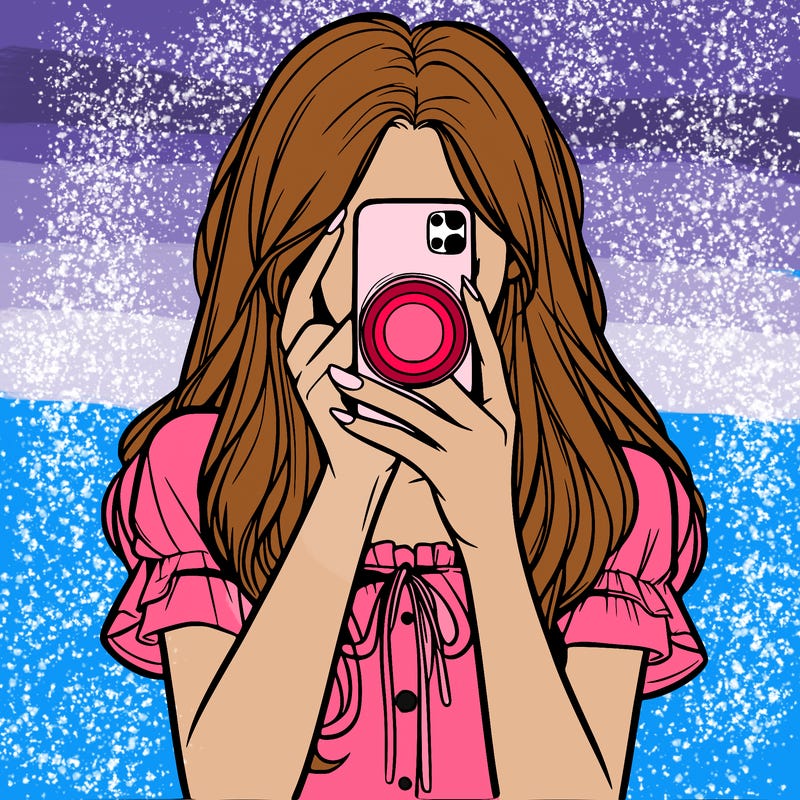 a realistic girl holding her phone taking pictures