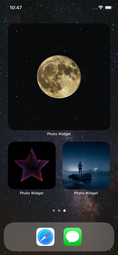 Photo Widget Easy - An iPhone home screen decorated with custom photo widgets showing a moon and a star