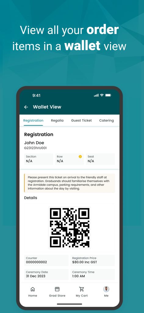 Reed Events - Reed Events卒業アプリのデジタルウォレット画面。卒業登録QRコードと式典の詳細が表示されます。