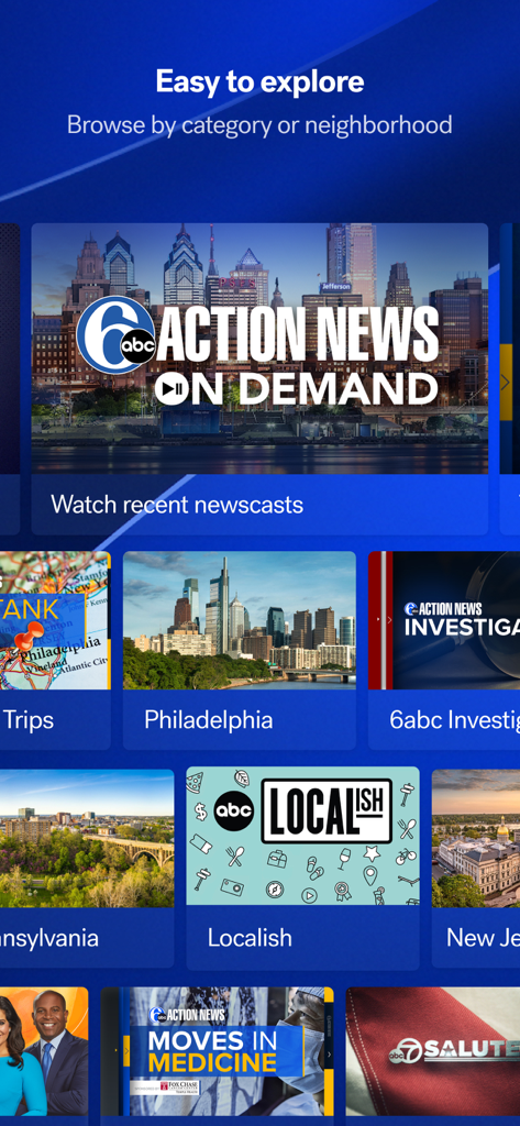 Explore screen of the 6abc Philadelphia app with local news categories and on demand video