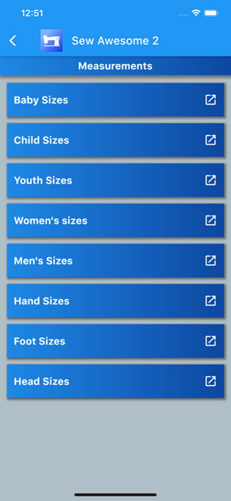 Sew Awesome 2 - Pantalla de la aplicación Sew Awesome 2 que muestra una lista de categorías de medidas de costura para diferentes edades y partes del cuerpo.