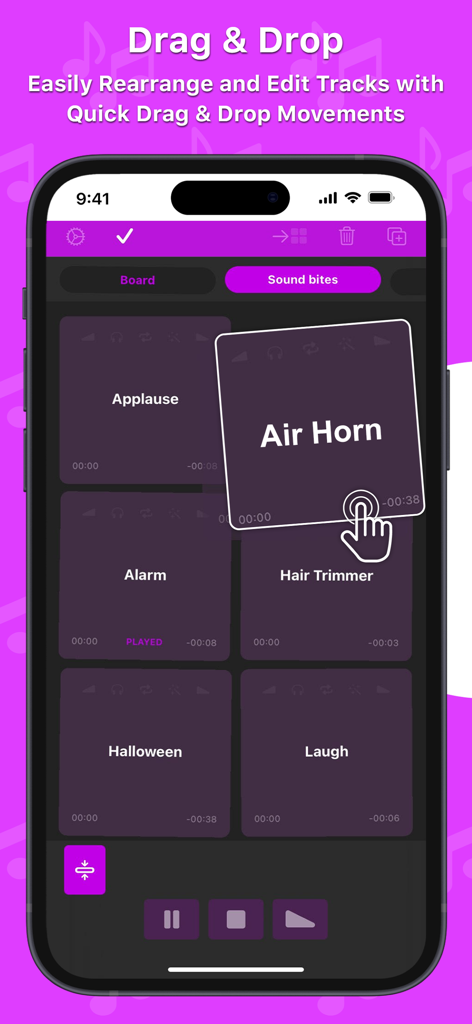 Soundboard Studio - Smartphone screen showing the Soundboard Studio app with a hand icon demonstrating the drag and drop feature to rearrange sound tiles like Air Horn and Applause