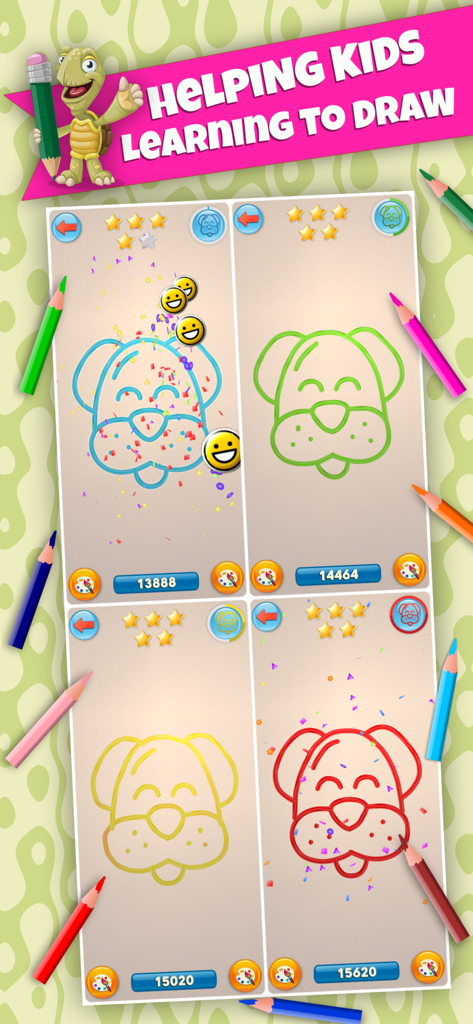 BeeArtist - Learn to Draw Easy - Screenshot of the BeeArtist app showing four steps of drawing a dog face with different colors and star ratings for kids