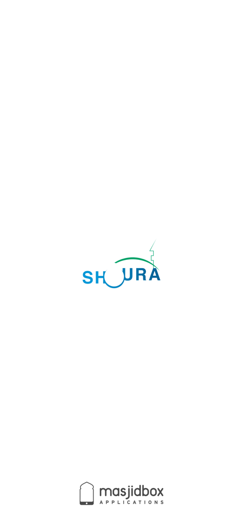 myShoura - Loading screen of the myShoura mobile app featuring the Shoura logo and Masjidbox branding on a white background