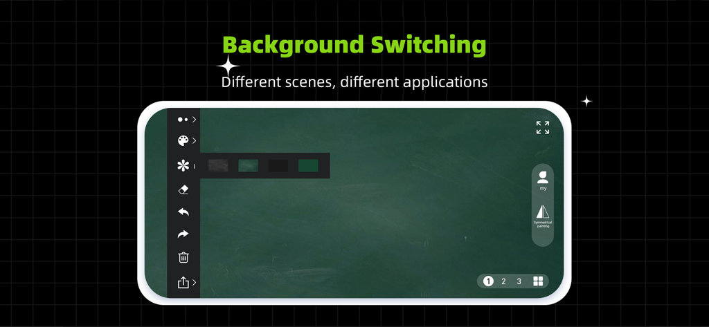 Small Whiteboard - Small Whiteboard app interface showing the background switching feature with a green chalkboard scene.