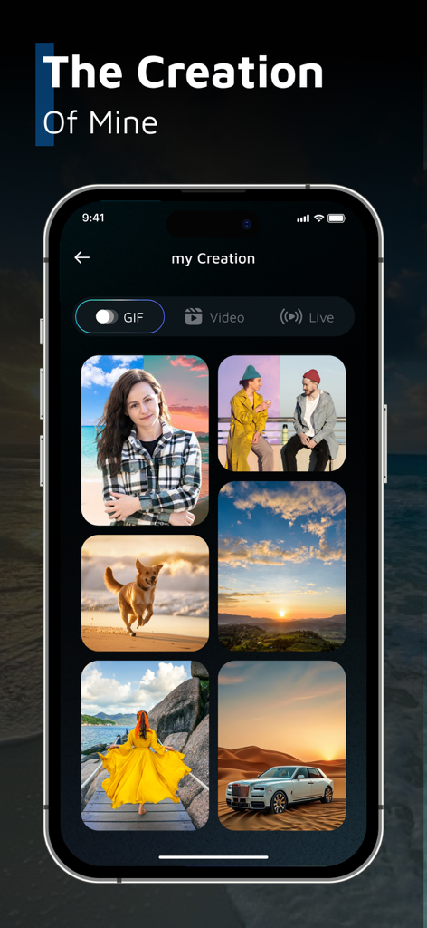 AI Sky Replacement Sky Changer - Gallery view of edited photos within the AI Sky Replacement app showing various landscape and portrait shots with enhanced skies