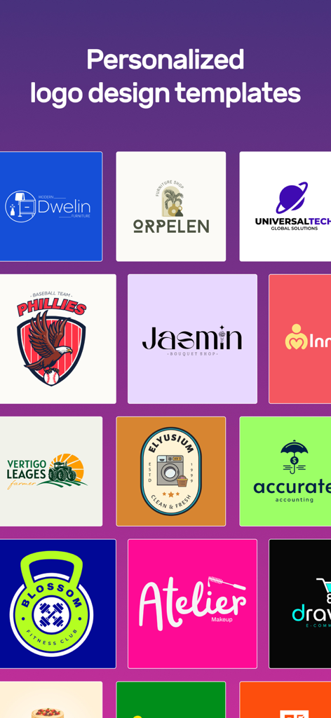 Logo Design Maker - Brand Shop - Una cuadrícula de plantillas de diseño de logos diversas y profesionales para varios tipos de negocios como fitness, moda y tecnología.