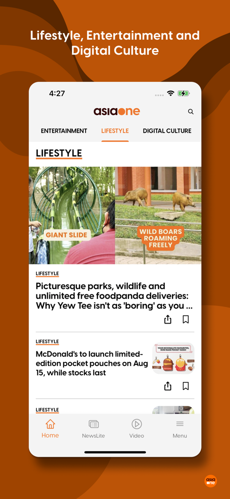 L'interfaccia dell'app mobile AsiaOne che mostra articoli di lifestyle e intrattenimento di tendenza su Singapore.