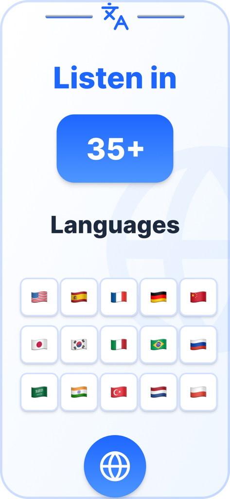 AI Voice TTS – Text to Speech - Die Benutzeroberfläche der AI Voice TTS App hebt die Unterstützung von über 35 Sprachen mit einem Raster von Nationalflaggen hervor