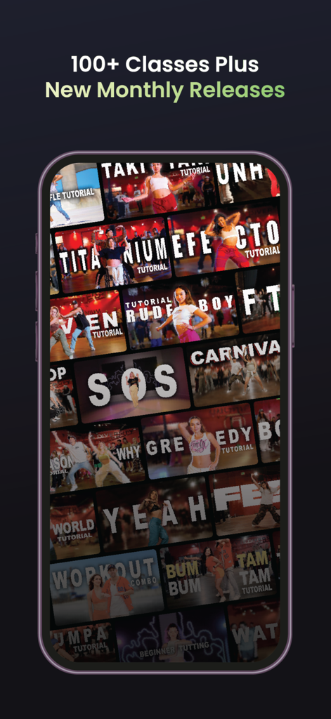 DNCR - A smartphone displaying a large collection of dance class tutorials and song routines within the DNCR app.