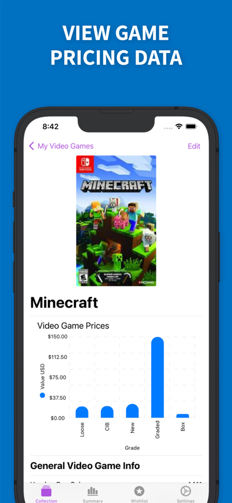 LuckyGame - Video Game Tracker - Mobile app screen showing a price comparison chart for Minecraft including values for loose, complete in box, and graded copies
