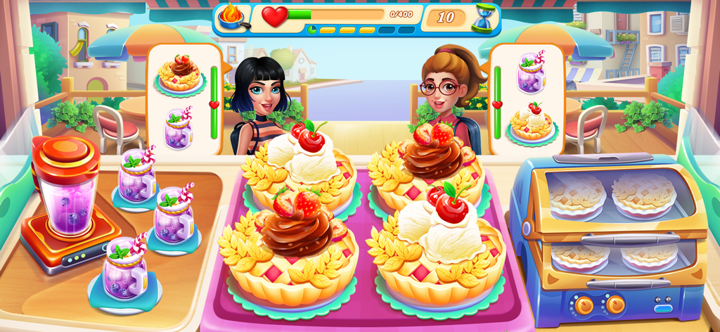Gameplay of Cooking Train showing fruit pies and berry smoothies being served to customers in a colorful cafe