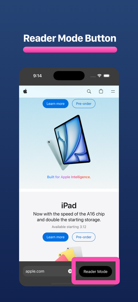 Lirely: Reader Mode Browser - Lirely browser interface showing the Reader Mode button highlighted on a webpage