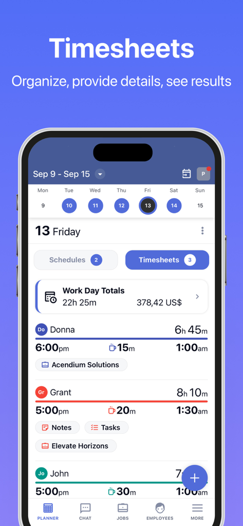 Employee Link app dashboard showing a list of employee work hours and total labor costs for a specific day.