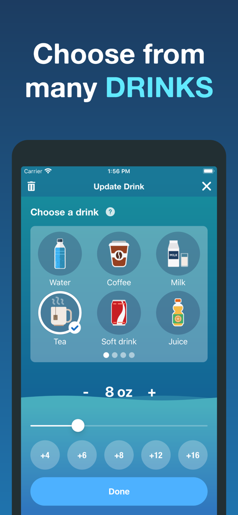 Hydro Coach app interface showing various drink options like water coffee and tea for hydration tracking