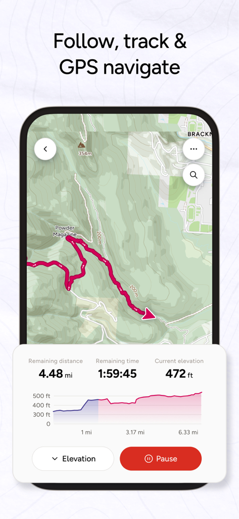 OS Maps: Walk, Hike, Run, Bike - Interfaz de la aplicación OS Maps mostrando seguimiento GPS en vivo y perfil de elevación para una ruta de senderismo.