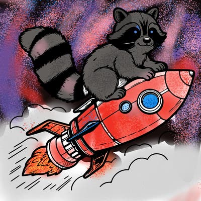 realistic raccoon flying on top rocket ship