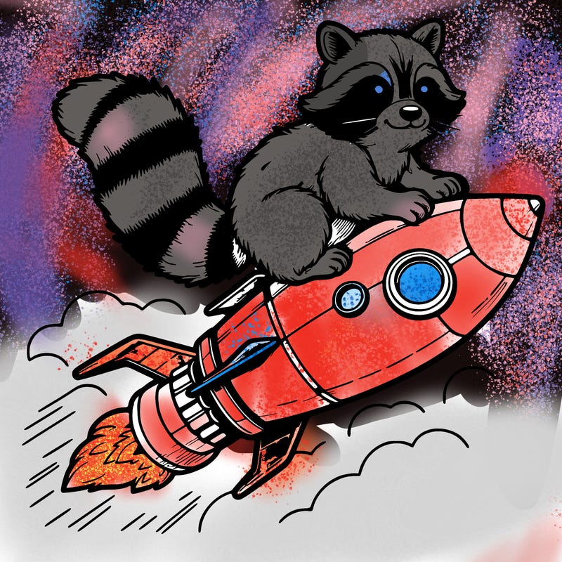 realistic raccoon flying on top rocket ship