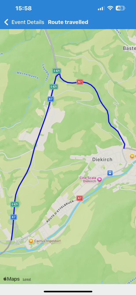 A map showing a driving route tracked in the Drivelo app