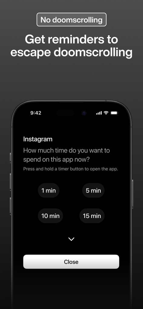 A minimalist phone app screen asking a user to set a time limit for Instagram to prevent doomscrolling and reclaim focus.