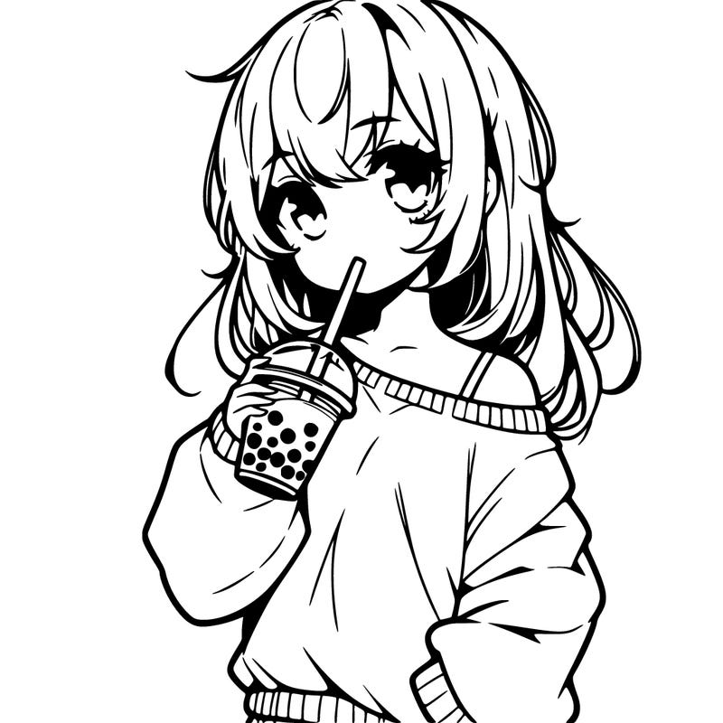 simple manga girl drinking boba tea with sweater one strap off shoulder cute