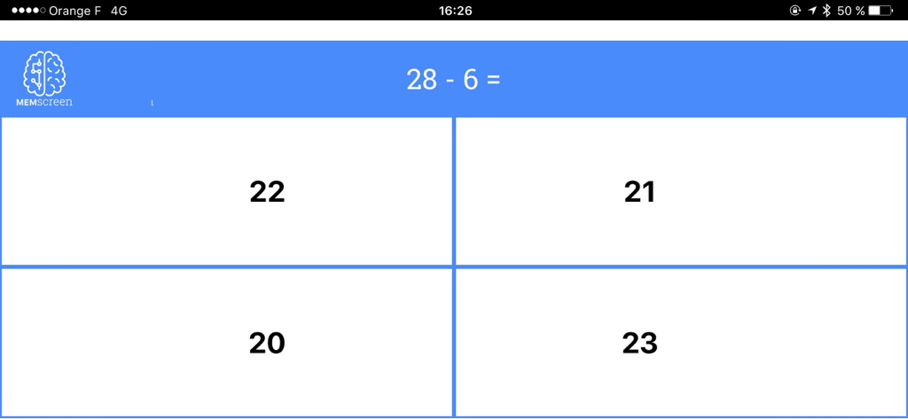 MemScreen app interface showing a mental arithmetic subtraction task with multiple choice answers for cognitive assessment.