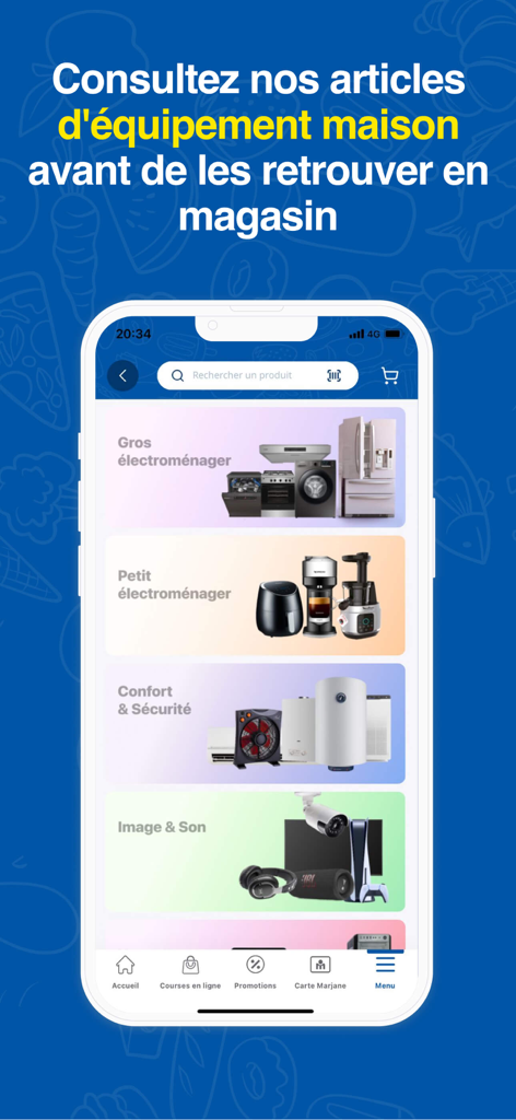 Marjane - Marjane app screen displaying home equipment categories like major appliances, electronics, and small kitchen tools.