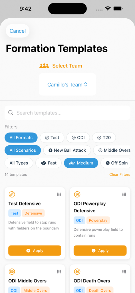 Cricket Fielding - Plantillas de formaciones de fielding de cricket con filtros para formatos de partido y escenarios de lanzamiento.