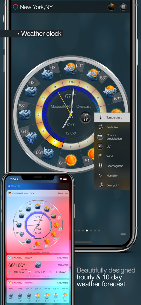 eWeather HD 시계 인터페이스와 시간별 및 10일 예보를 위한 iOS 홈 화면 위젯을 표시하는 iPhone