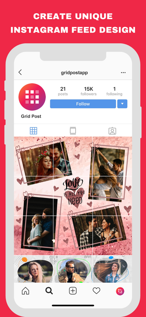 Una pantalla de teléfono inteligente que muestra un diseño creativo de cuadrícula de rompecabezas para un perfil de Instagram
