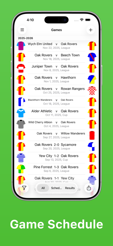 Soccer Teammate - Soccer Teammate app showing a list of scheduled soccer matches with team names and jersey colors