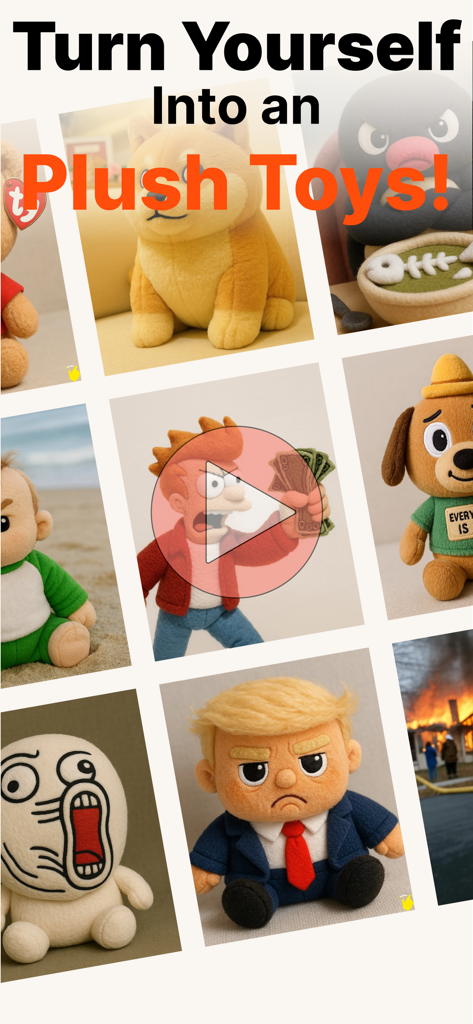 AI Plush Toy Maker－3D Plushie! - A gallery showing various people and memes transformed into 3D plush toys using artificial intelligence