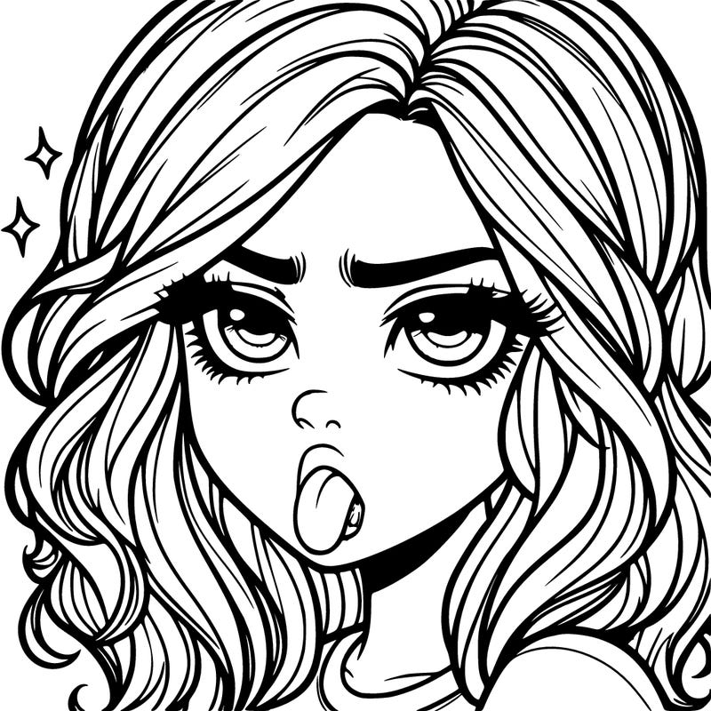 realistic annoyed girl with tongue out with waves hair