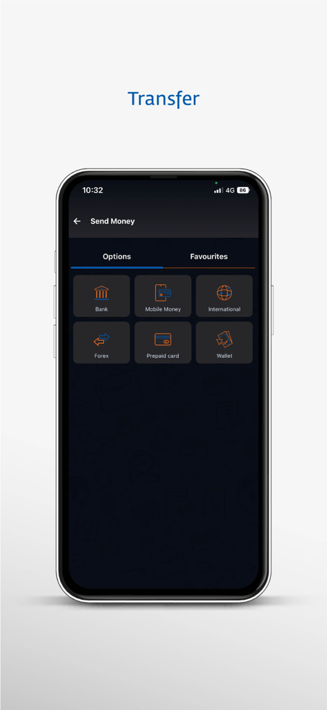 Écran de l'application NMB Mkononi montrant les options pour envoyer de l'argent par virement bancaire, mobile money, international et devises
